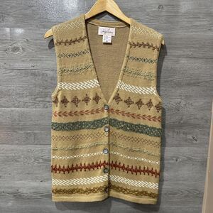 VINTAGE Jaclyn Smith Sweater Women Small Tan Wool Acrylic Vest Cardigan Cottage